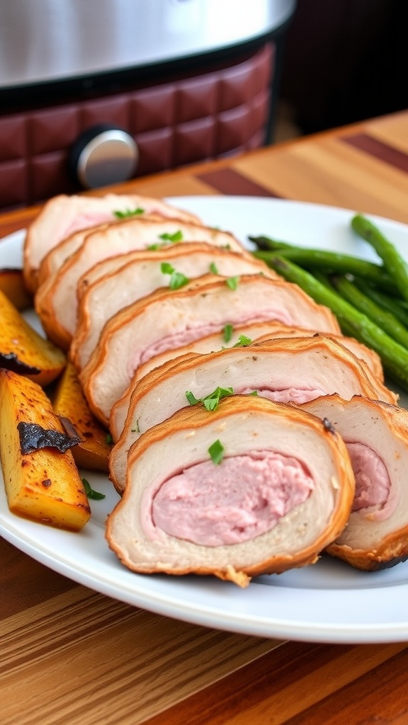 Sliced air fryer pork tenderloin garnished with herbs, served with roasted vegetables on a wooden table.